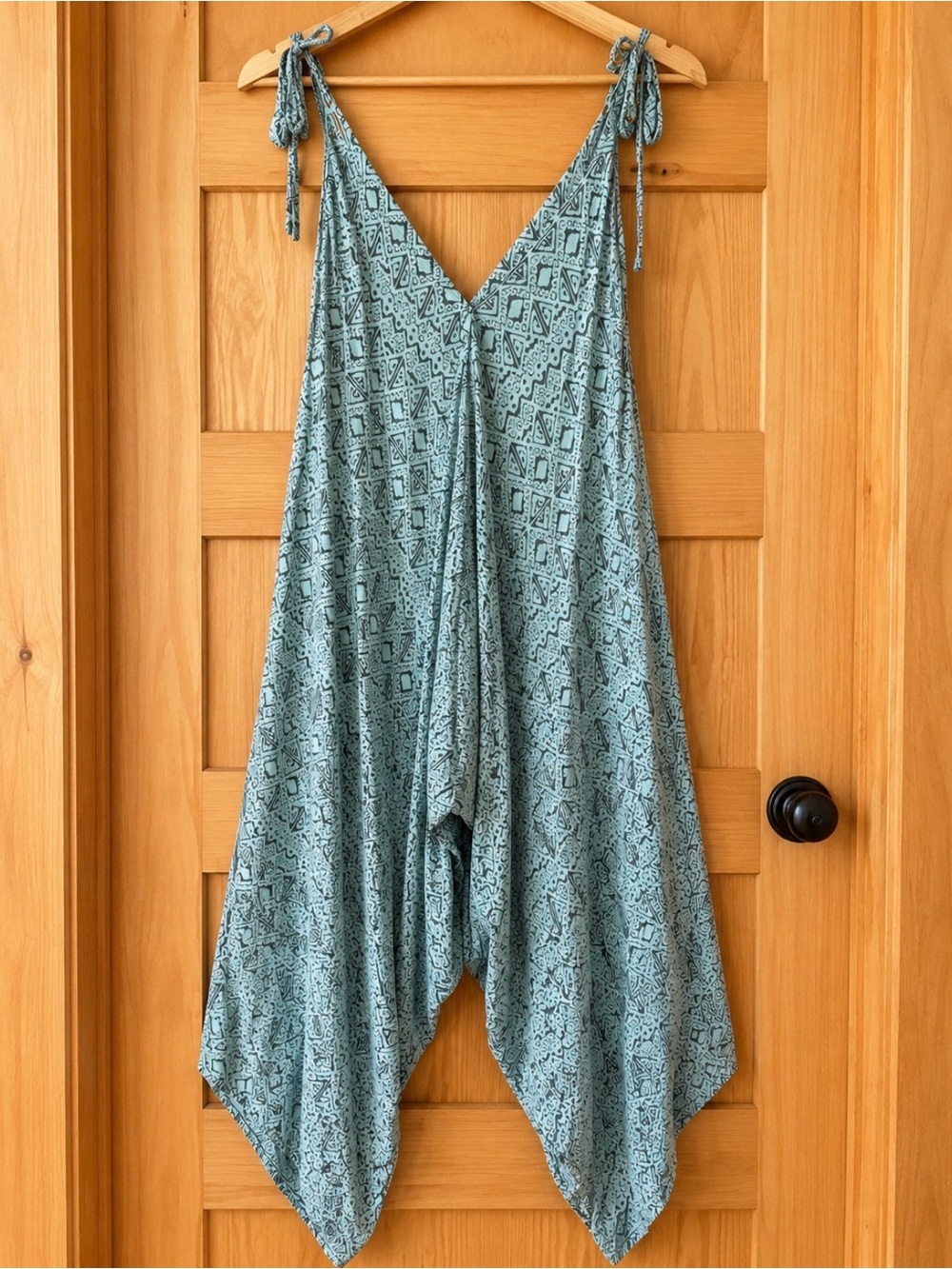 Boho Harem Jumpsuit One Size Sage Green Tribal Print Tie Strap Rayon